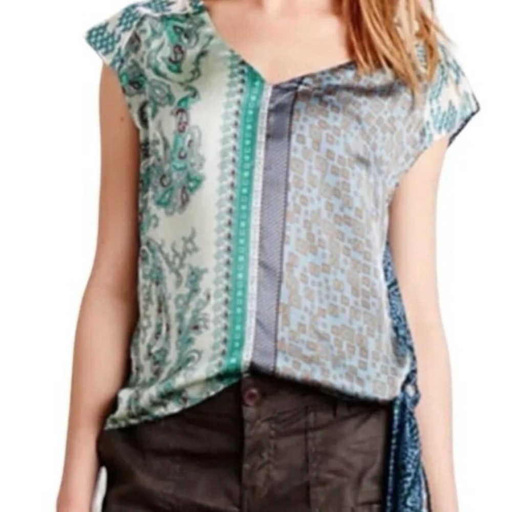 Anthropologie Tiny Kumiko Mix Print Blouse Large teal turquoise embroidered tank - Picture 2 of 12